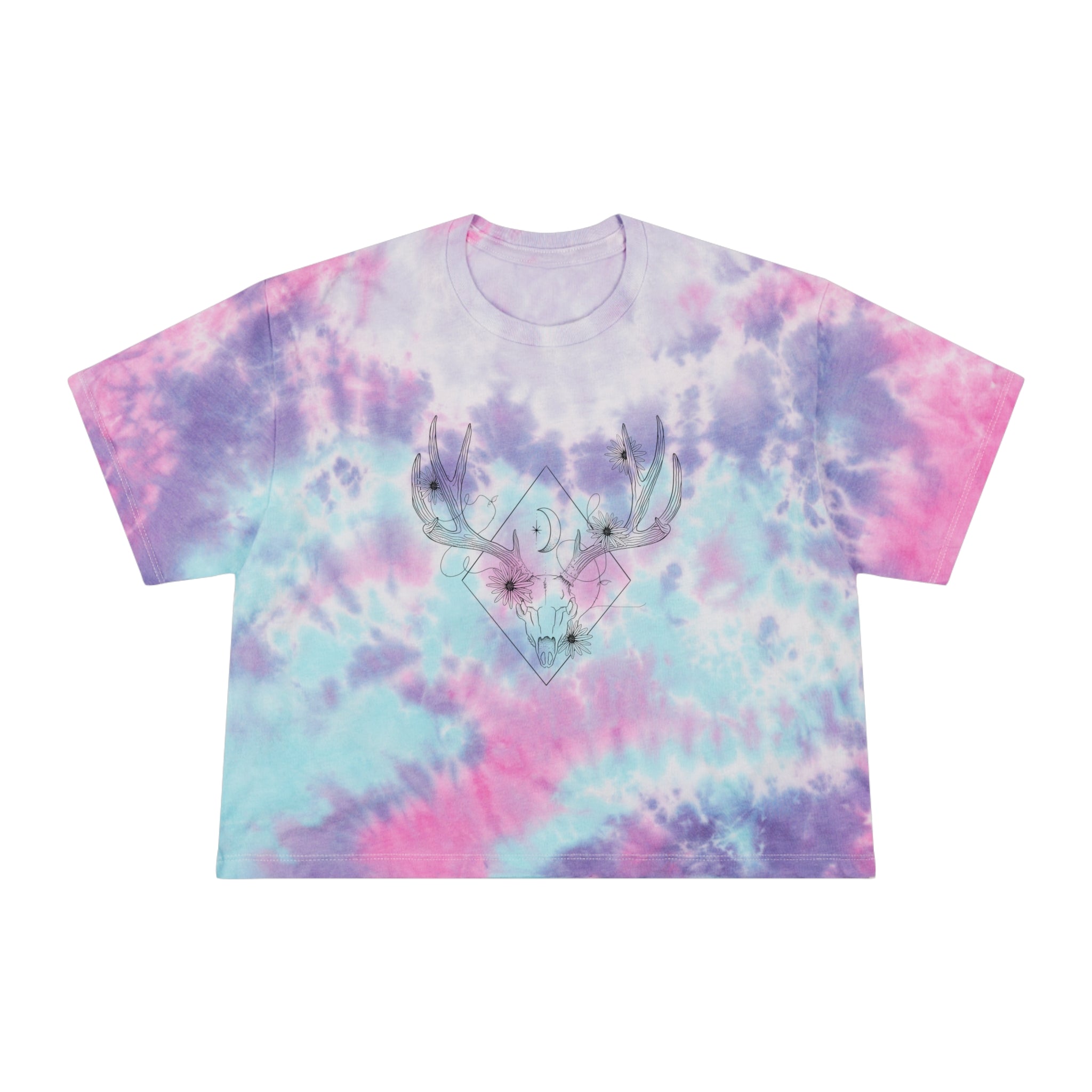 Women's Tie-Dye Crop Tee Deer Skull and Flowers Design
