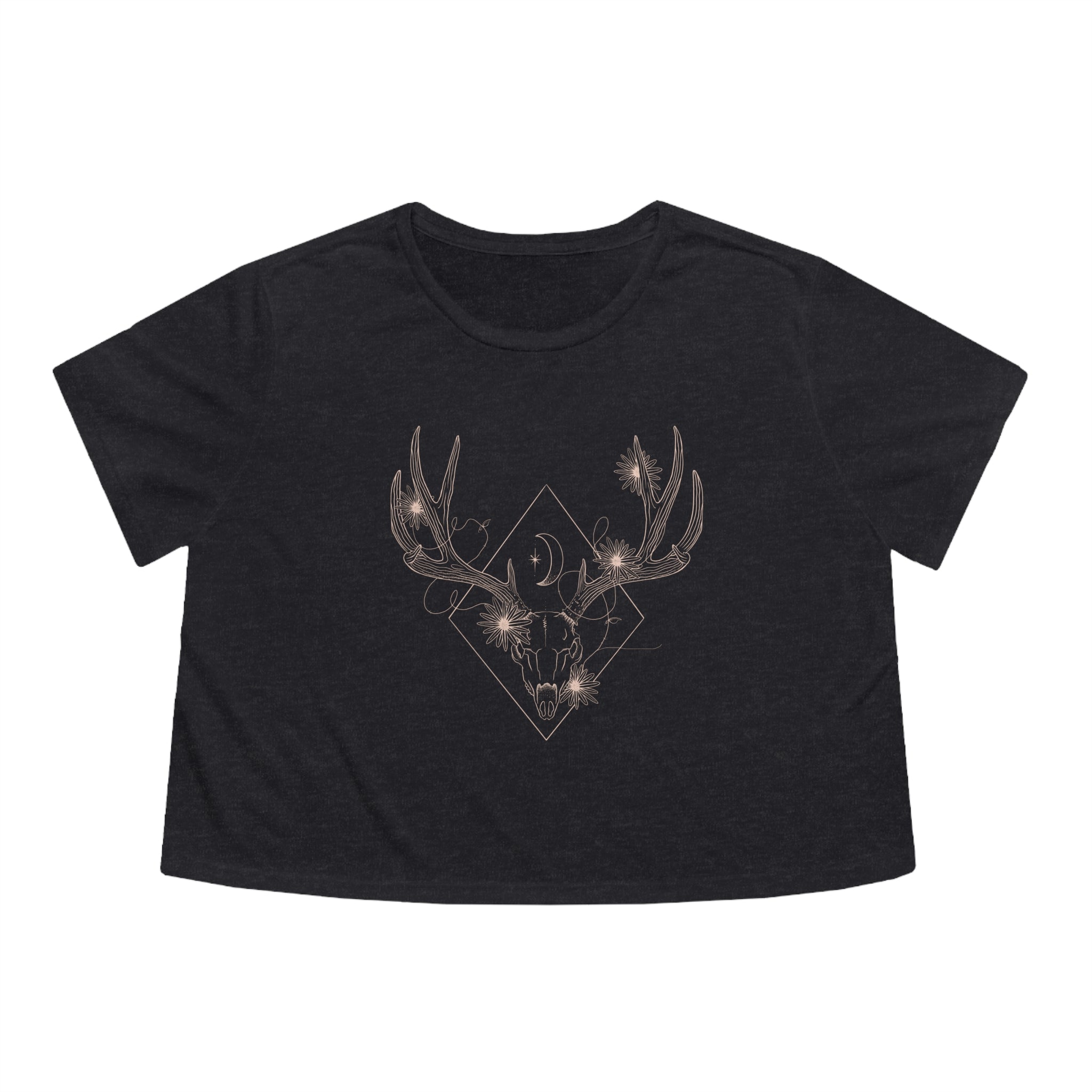 Women's Flowy Cropped Tee With Deer Skull and Flowers Design