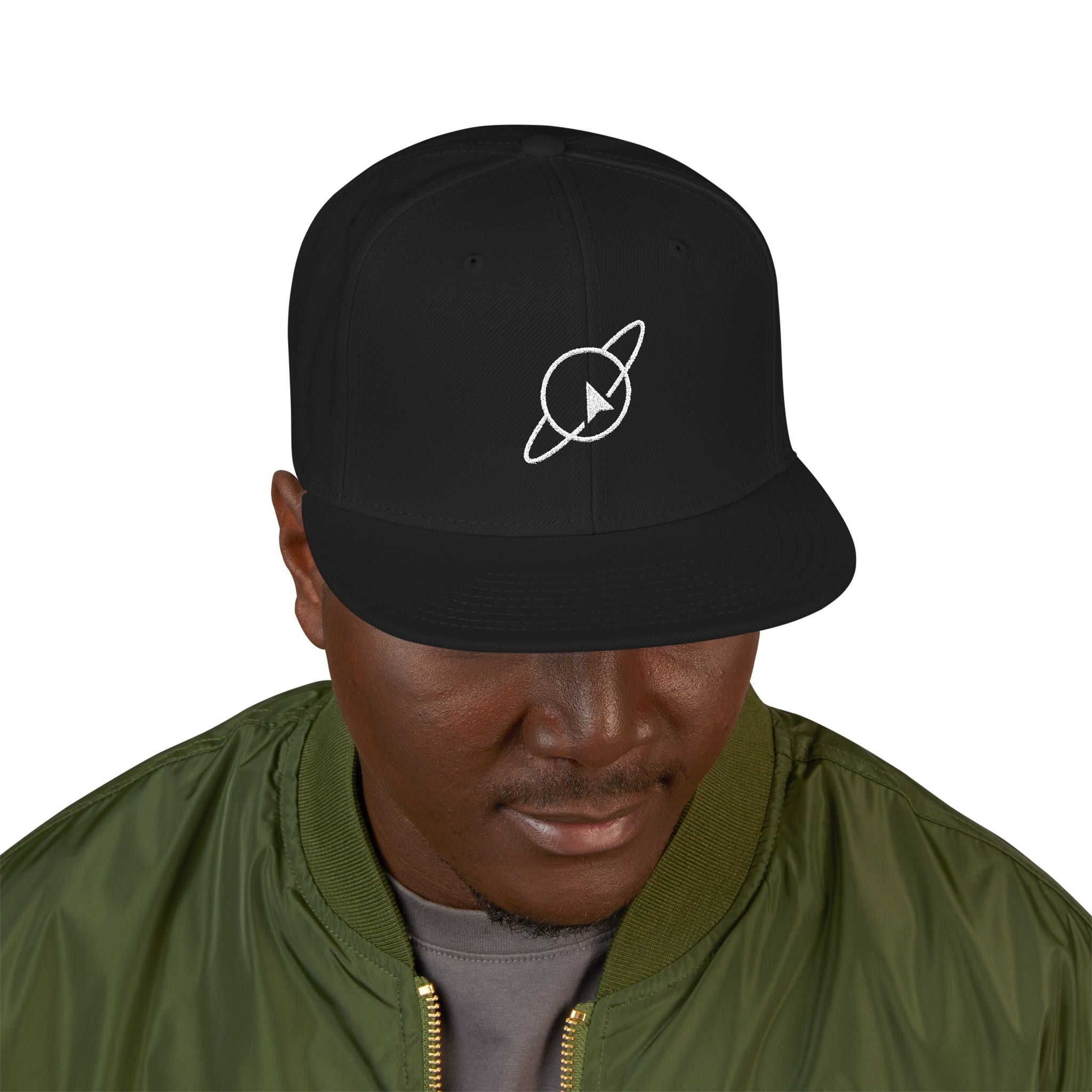 Orbit Embroidered Snapback Hat — Minimal Planet Logo & '8-bit' Side Text