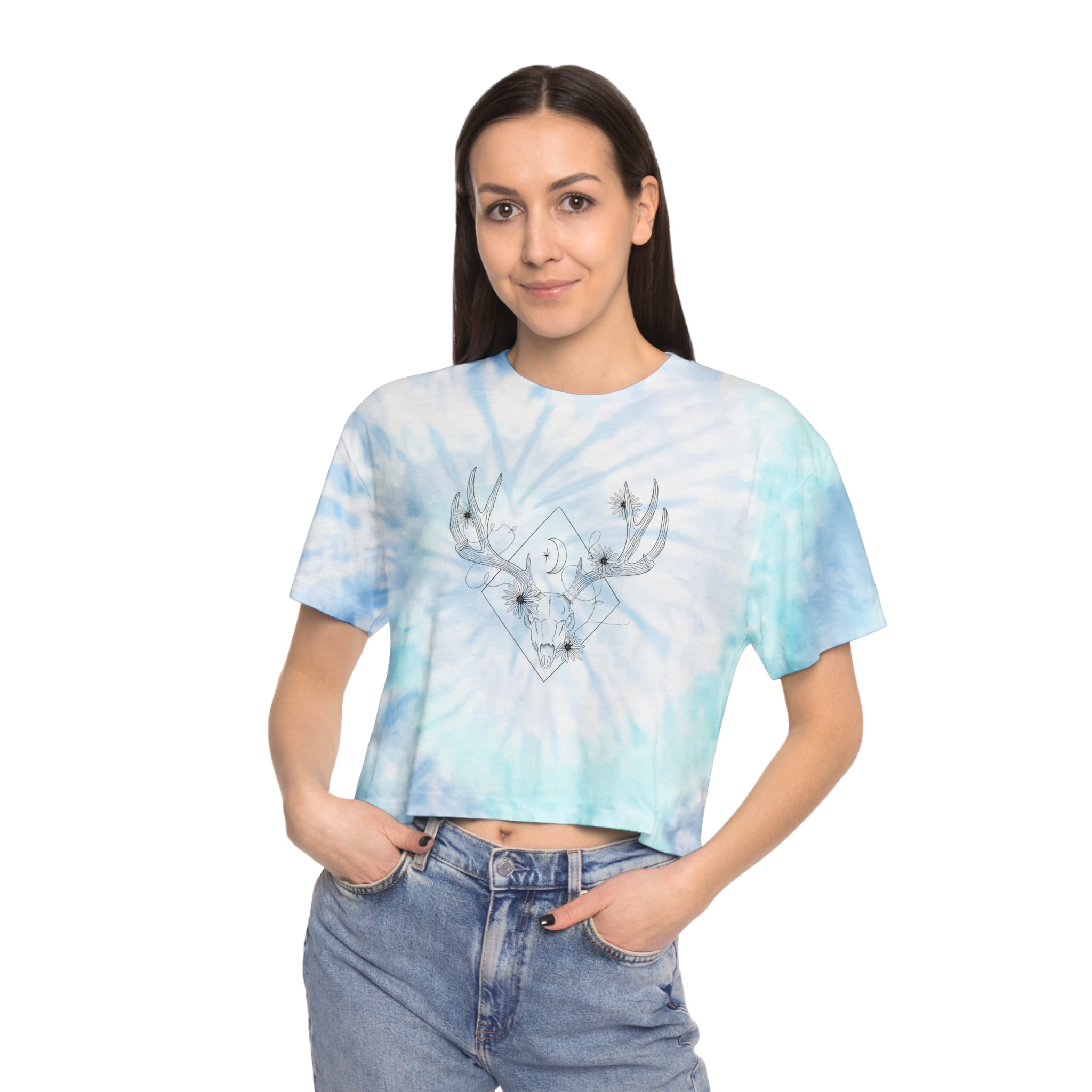 Women's Tie-Dye Crop Tee Deer Skull and Flowers Design