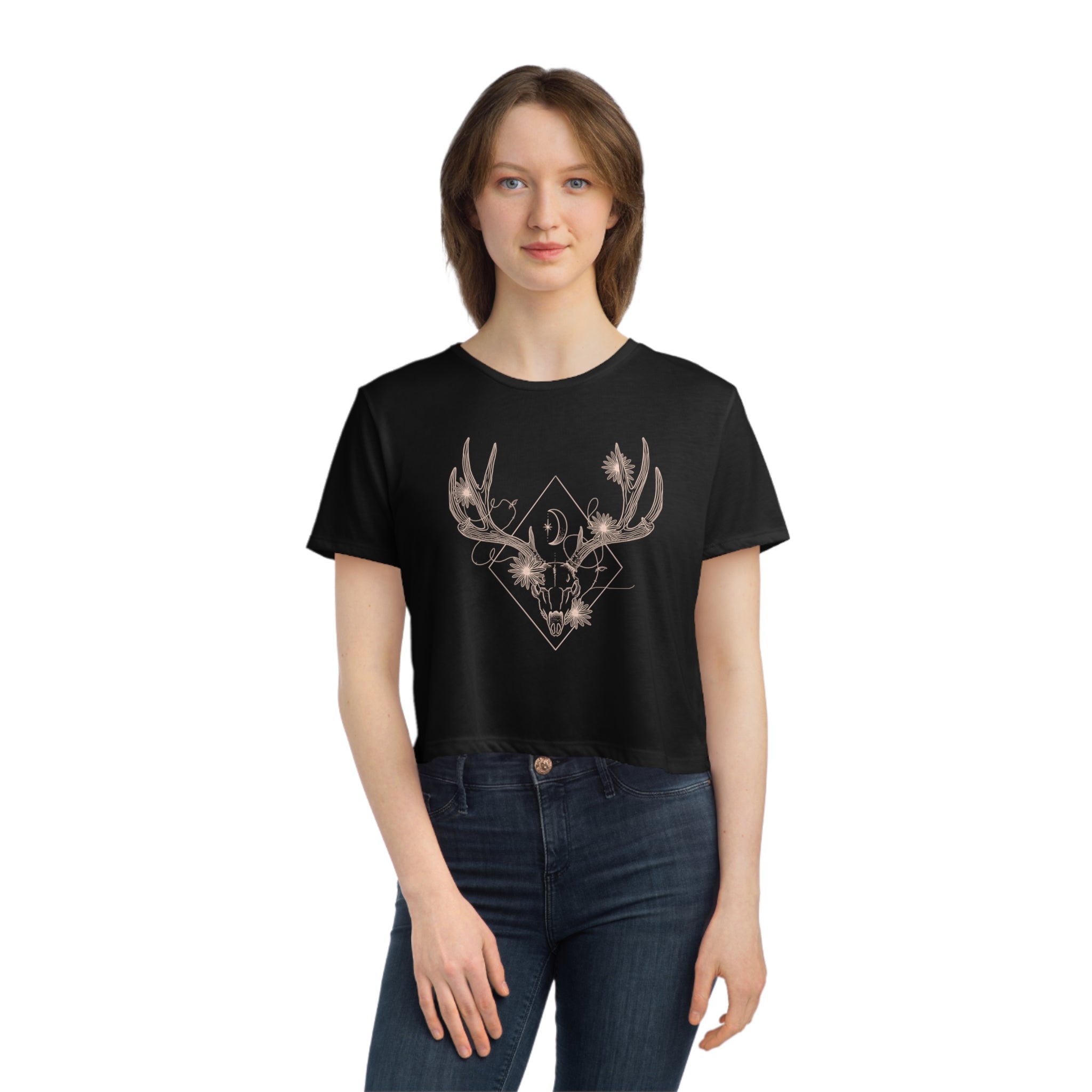 Women's Flowy Cropped Tee With Deer Skull and Flowers Design