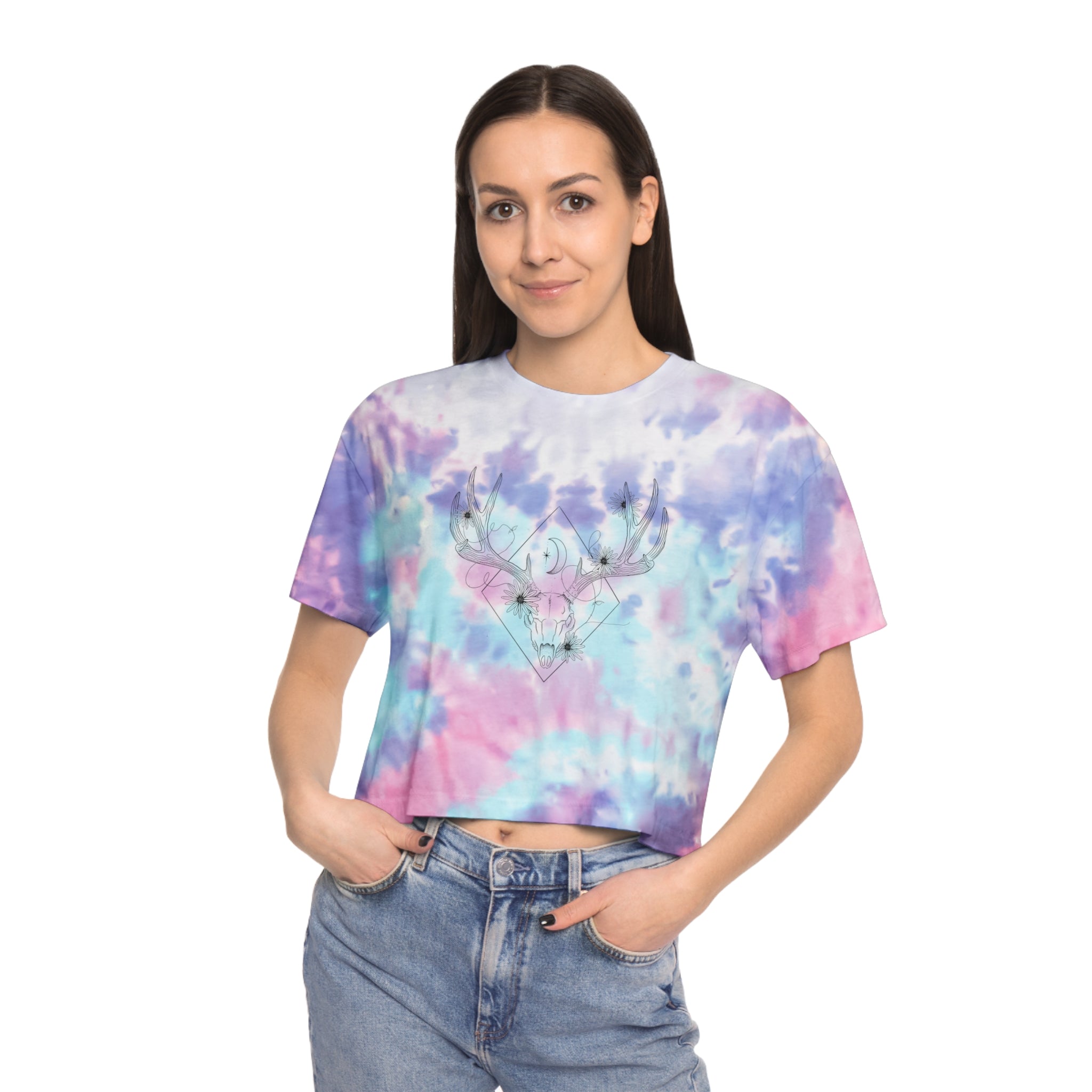 Women's Tie-Dye Crop Tee Deer Skull and Flowers Design