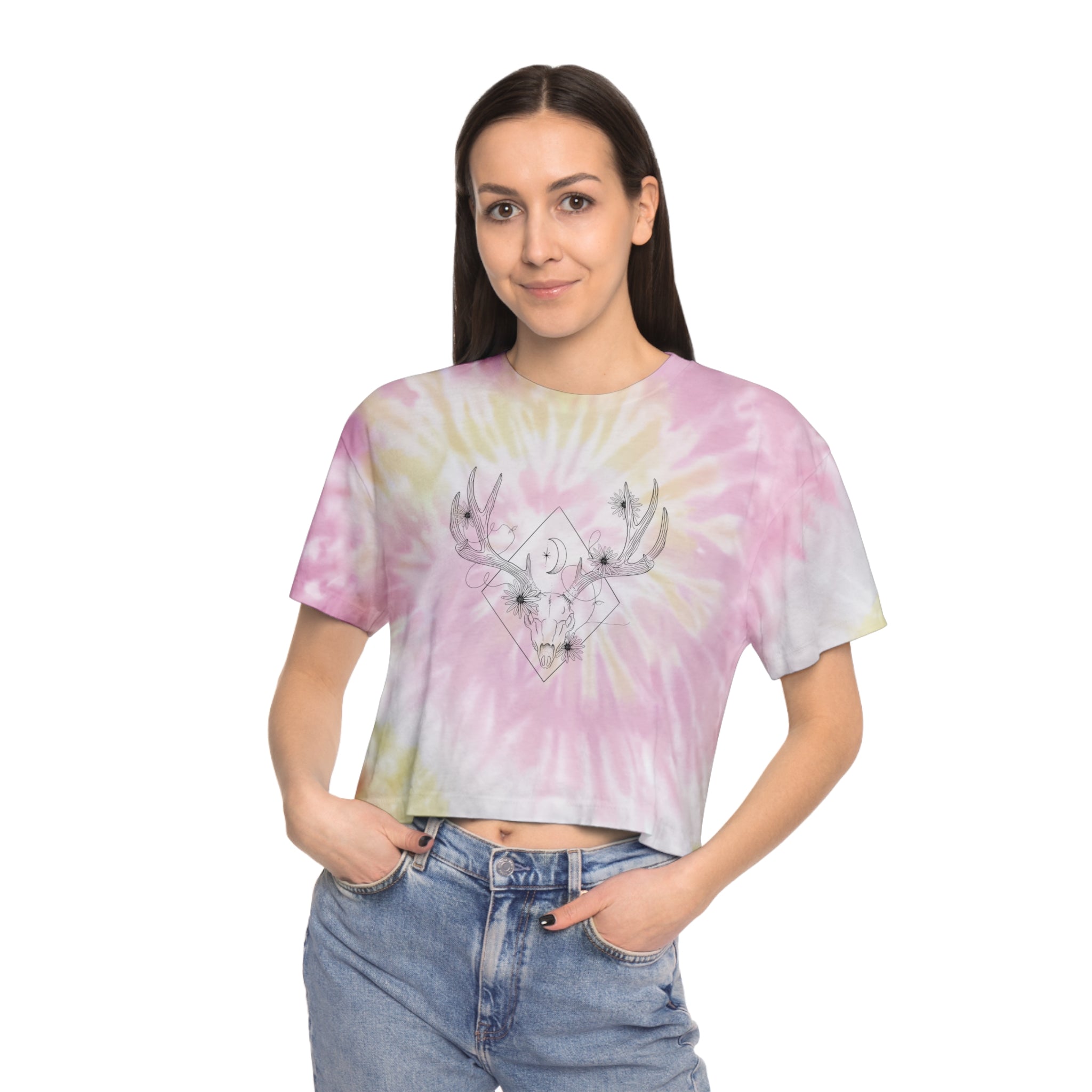 Women's Tie-Dye Crop Tee Deer Skull and Flowers Design