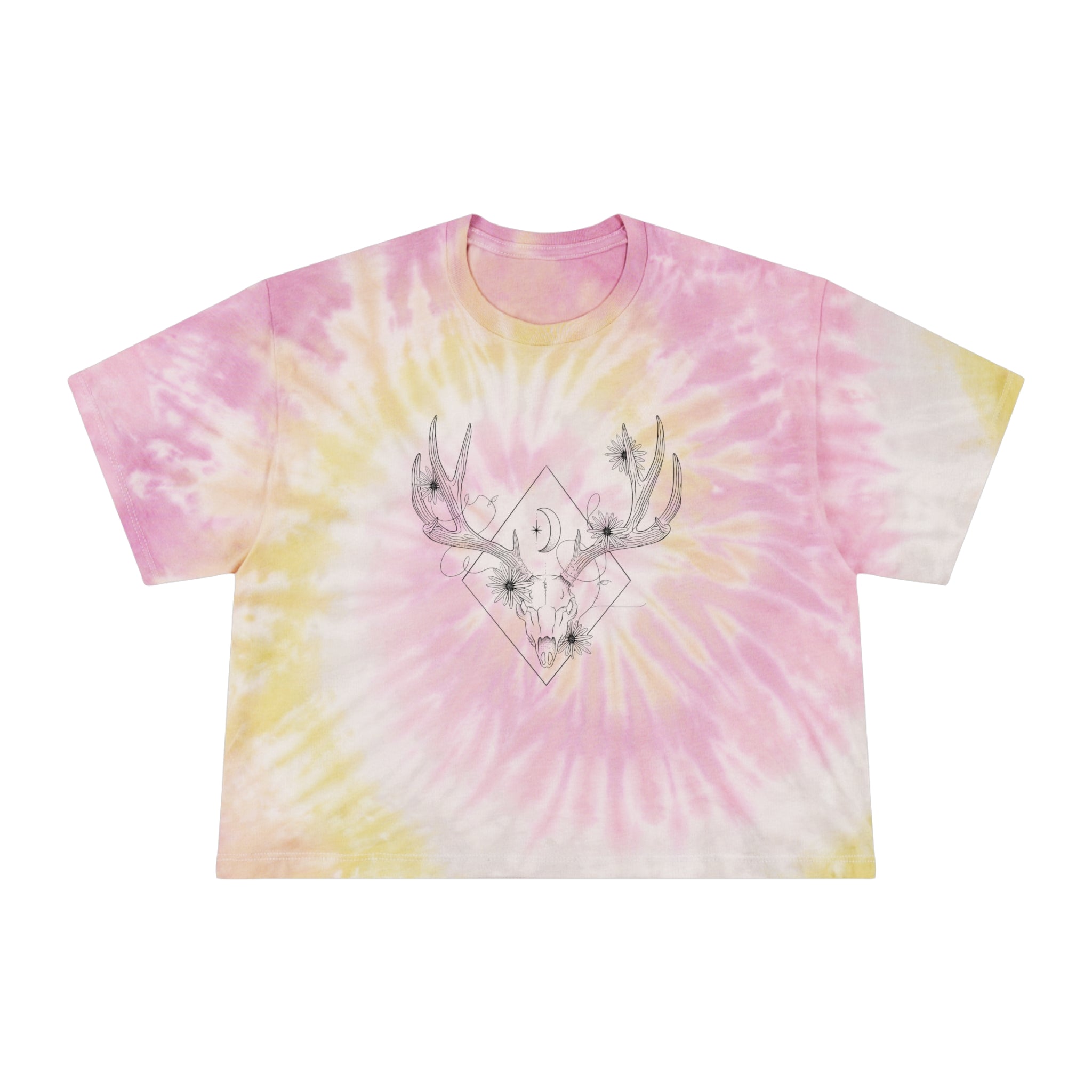 Women's Tie-Dye Crop Tee Deer Skull and Flowers Design