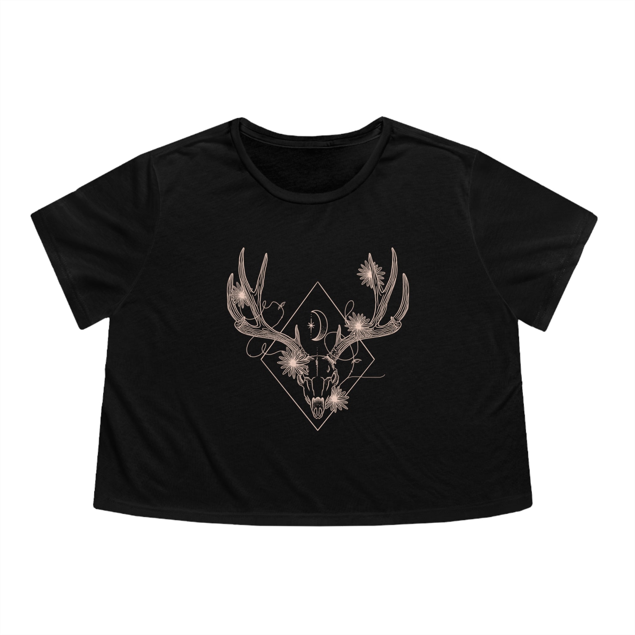 Women's Flowy Cropped Tee With Deer Skull and Flowers Design